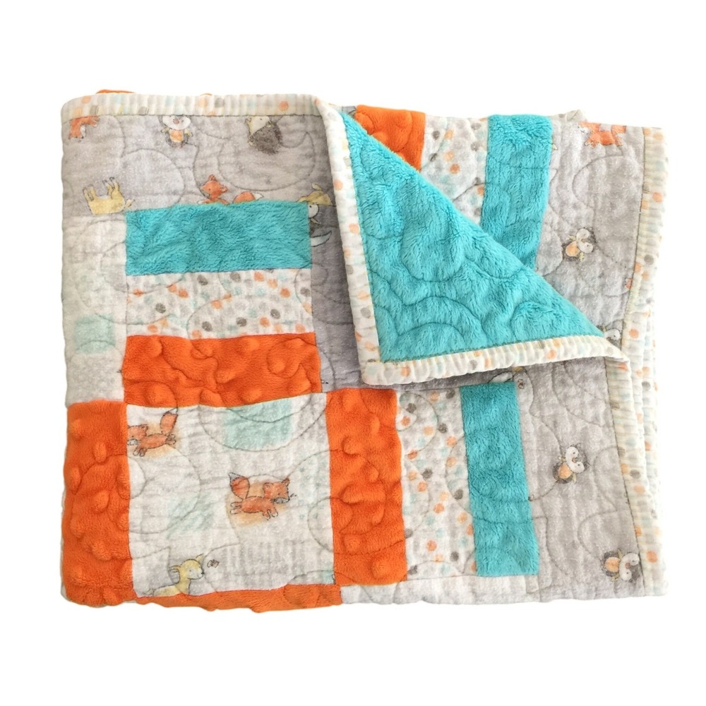 Handmade Baby Blanket Patchwork Quilt 26x34โ Orange Blue Woodland Fox Owl